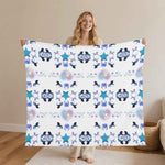 Blue Pink Unicorn Snowflake Flannel Blanket - Model Holding Full Pattern | Our Phoenix Rise
