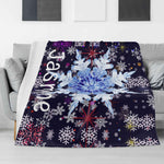 Personalized Snowflake Flannel Blanket - Custom name blanket 'Jasmine' draped on sofa | Our Phoenix Rise