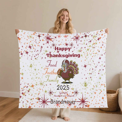 Thanksgiving Football Turkey Flannel Blanket - Full Design Held by Model | Our Phoenix Rise