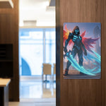 Winged Warrior Fantasy Metal Wall Art - Hung on a modern wooden door in an office setting | Our Phoenix Rise