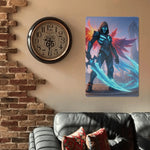 Winged Warrior Fantasy Metal Wall Art - Above a dark sofa in a rustic living room with a clock | Our Phoenix Rise