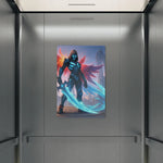 Winged Warrior Fantasy Metal Wall Art - Displayed inside a sleek, metallic elevator | Our Phoenix Rise