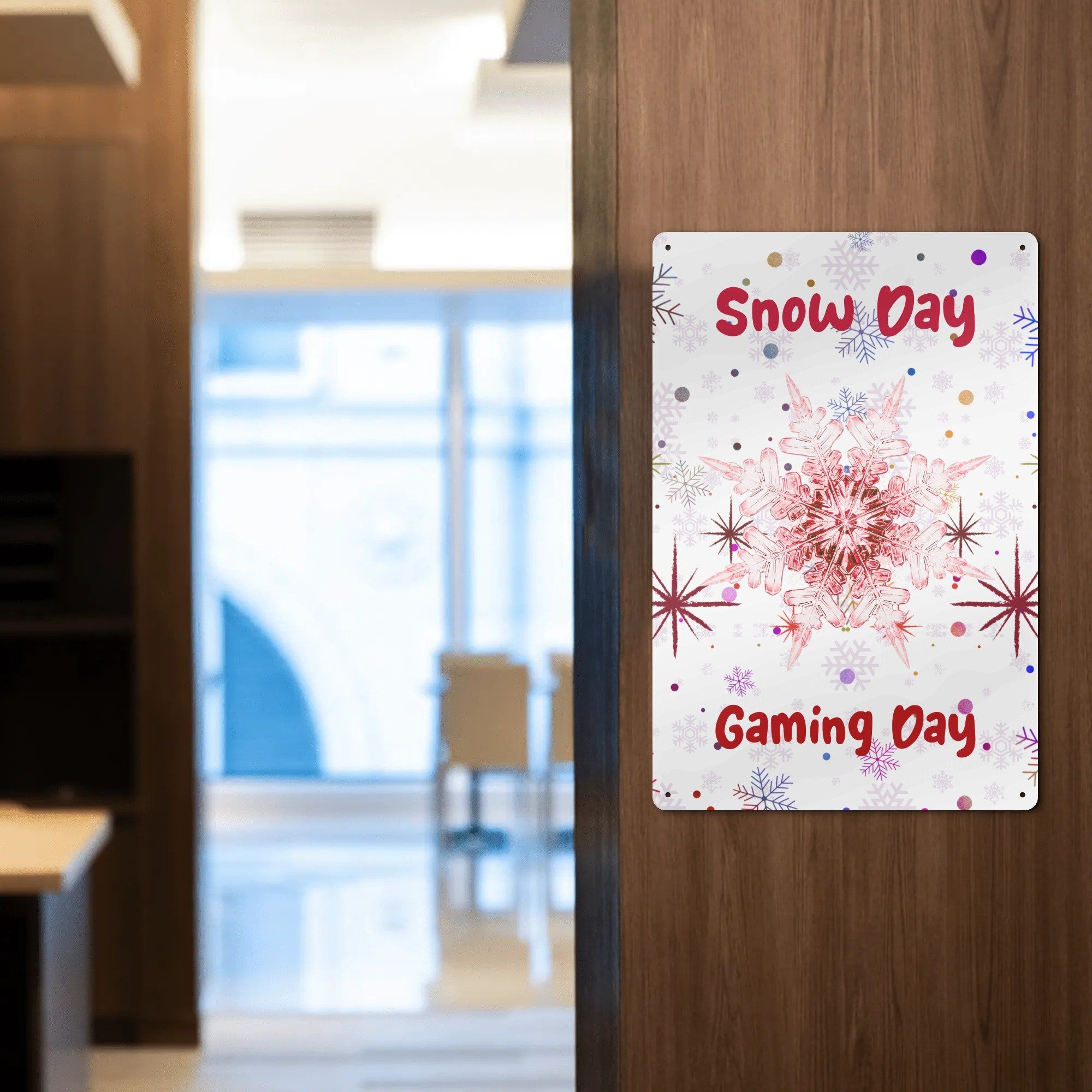 Snow Day Gaming Metal Wall Sign - hung indoors on wooden wall | Our Phoenix Rise