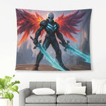 Skull Warrior Dark Fantasy Wall Tapestry - Over grey couch with plants | Our Phoenix Rise