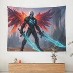 Skull Warrior Dark Fantasy Wall Tapestry - Over wooden cabinet with small plant | Our Phoenix Rise