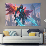 Dark Fantasy Masked Warrior Wall Tapestry Gaming Wall Decor w Wings and Swords Main Perspective | Our Phoenix Rise