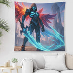 Dark Fantasy Masked Warrior Wall Tapestry Gaming Wall Decor w Wings and Swords Detailed View 2 | Our Phoenix Rise