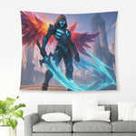 Dark Fantasy Masked Warrior Wall Tapestry Gaming Wall Decor w Wings and Swords Detailed View 3 | Our Phoenix Rise