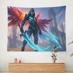 Dark Fantasy Masked Warrior Wall Tapestry Gaming Wall Decor w Wings and Swords Detailed View 4 | Our Phoenix Rise