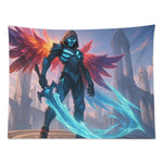 Dark Fantasy Masked Warrior Wall Tapestry Gaming Wall Decor w Wings and Swords Detailed View 5 | Our Phoenix Rise