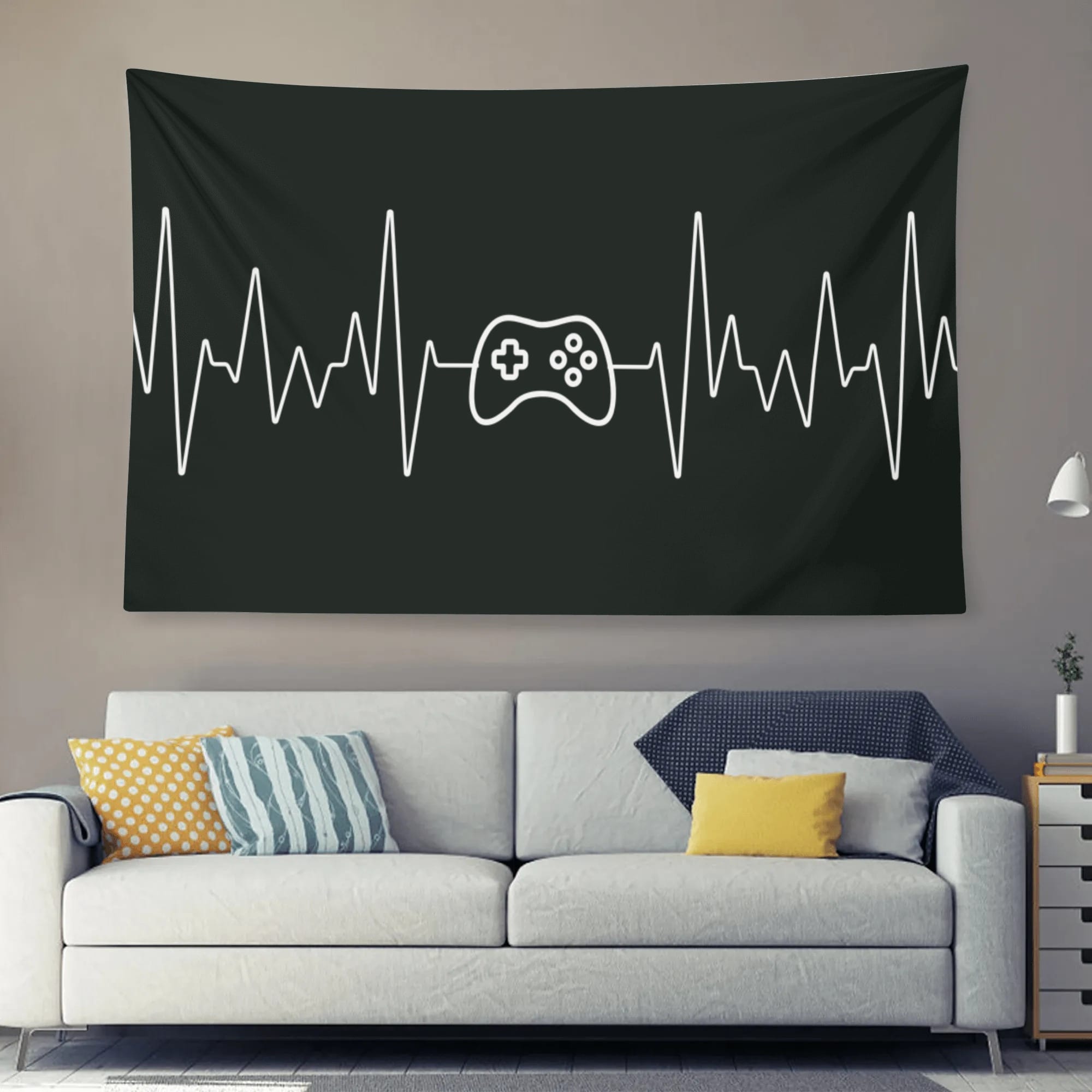 Gaming Heartbeat Horizontal Wall Tapestry Made in the usa Black