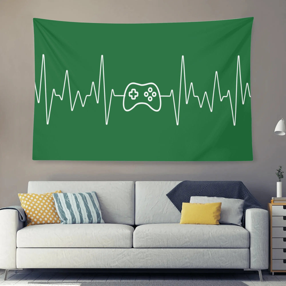 Green Gaming Heartbeat Horizontal Wall Tapestry Made in the usa
