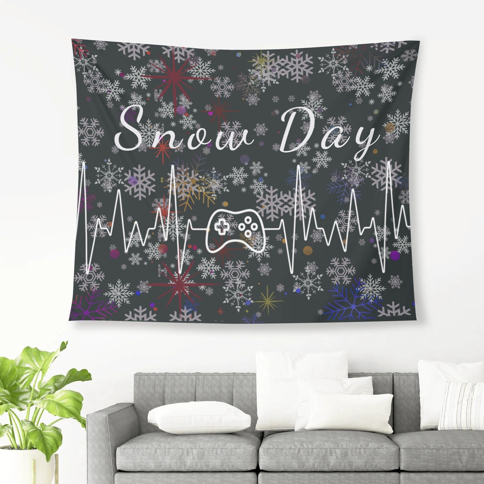 Personalized Snow Day Gaming Wall Tapestry - Full View on Gray Wall with Gray Couch | Our Phoenix Rise