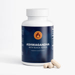 Ashwagandha with Black Pepper Capsules - three light brown capsules next to bottle | Our Phoenix Rise