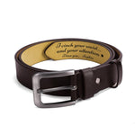 Personalized Engraved Brown Leather Belt - laid flat with inscription | Our Phoenix Rise