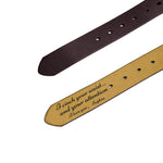 Personalized Engraved Brown Leather Belt - close up of inscription detail | Our Phoenix Rise
