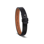 Personalized Engraved Black Leather Bracelet - angled view showing engraving | Our Phoenix Rise