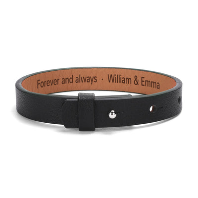 Personalized Engraved Black Leather Bracelet Men - Flat lay | Our Phoenix Rise
