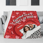 Personalized Valentine's Couple Love Flannel Blanket - Draped over a gray couch | Our Phoenix Rise