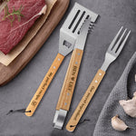 Personalized Grilling Tool Set - close up of engraved tools with meat and garlic | Our Phoenix Rise