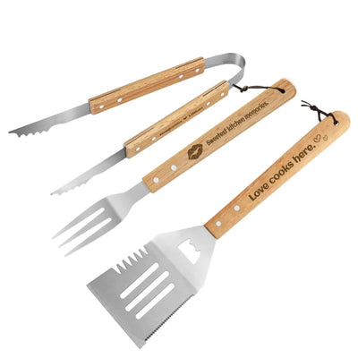 Personalized Grilling Tool Set - Engraved Wood Handles with Tongs, Fork, Spatula | Our Phoenix Rise