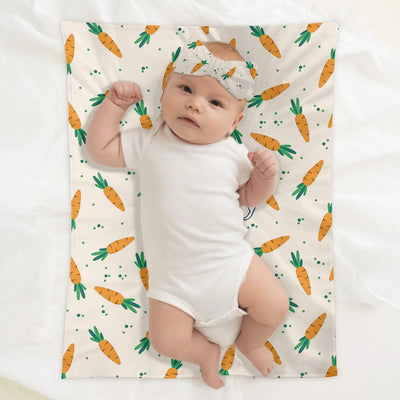 Personalized Carrot Baby Blanket Hat Headband Set - Baby lying on blanket with headband | Our Phoenix Rise