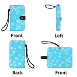 Blue Snowflake Wallet Phone Case - Closed front with wrist strap angle | Our Phoenix Rise