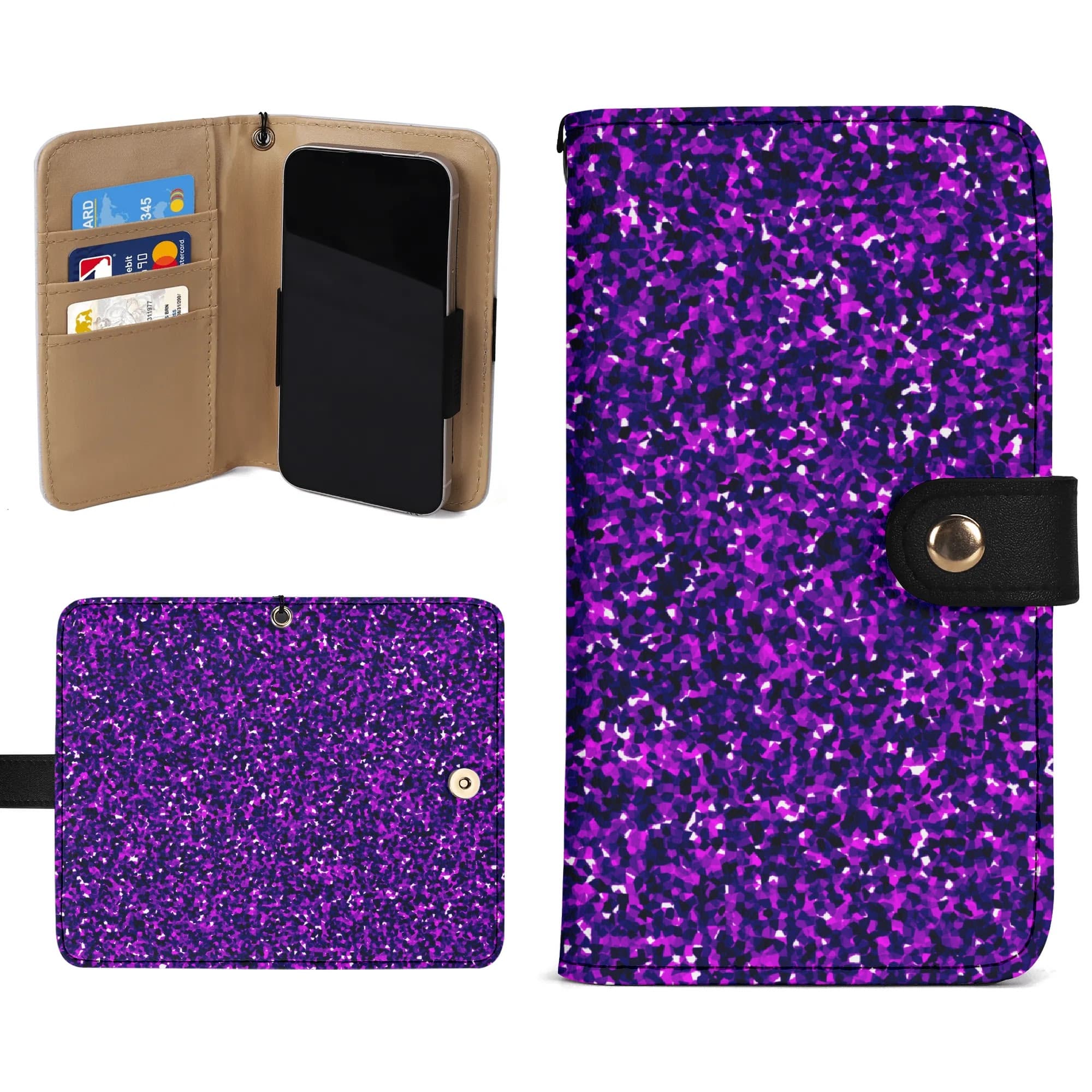 Purple Glitter Wallet Phone Case with Strap S-M