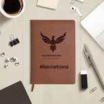 Personalized Leather Growth Journal - On desktop workspace with accessories | Our Phoenix Rise