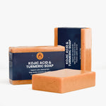 Kojic Acid Turmeric Soap - three bars, two wrapped, one unwrapped stack | Our Phoenix Rise