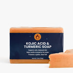 Kojic Acid Turmeric Soap - bar with label, broken piece showing texture | Our Phoenix Rise