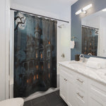 A Halloween-themed shower curtain featuring a spooky gothic mansion under a full moon, shown hanging in a modern white and blue bathroom.