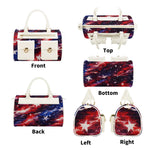 A handbag shown from multiple angles on a white background, labeled Front, Top, Bottom, Back, Left, and Right. The bag has a red, white, and blue galaxy print with white handles and trim.