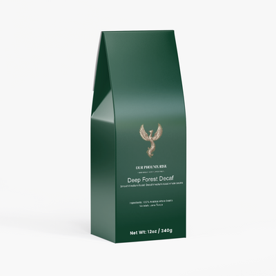 Swiss Water Process Decaf Whole Bean Coffee 12oz Bag Front Label | Our Phoenix Rise