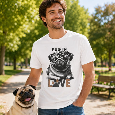 Pug in Love T-Shirt - White, man with pug in park | Our Phoenix Rise