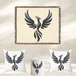 Phoenix Silhouette Woven Blanket - on a sofa with mug, pillow, candle props | Our Phoenix Rise