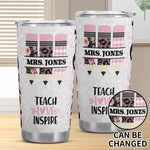 Personalized Teacher Tumbler - pink pencil design, custom name Mrs. Jones, full view | Our Phoenix Rise