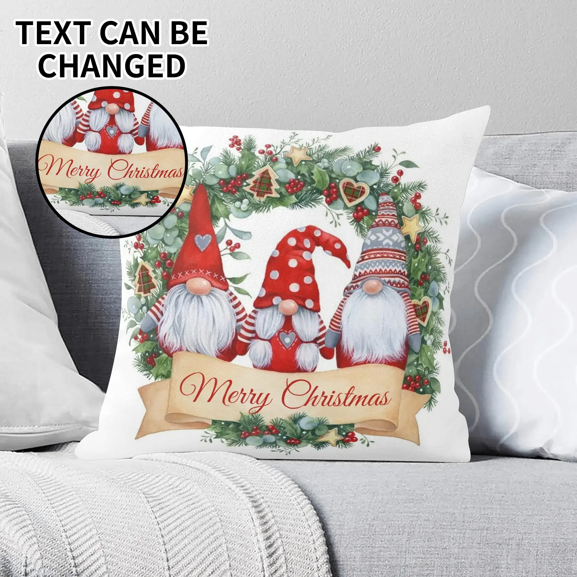 Christmas Gnome Wreath Pillow Cover 18x18 In
