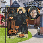 Personalized Halloween Garden Flag - Spooky wizard with custom face and pumpkins in garden | Our Phoenix Rise