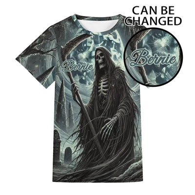 Personalized Grim Reaper T-Shirt - front view with custom name example | Our Phoenix Rise
