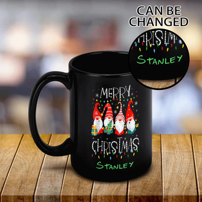 Personalized Christmas Gnome Mug - Festive gnome group design, black 15 oz ceramic | Our Phoenix Rise