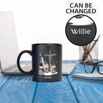 Personalized Christmas Snowman Coffee Mug - Black, on desk with laptop and "Willie" name | Our Phoenix Rise