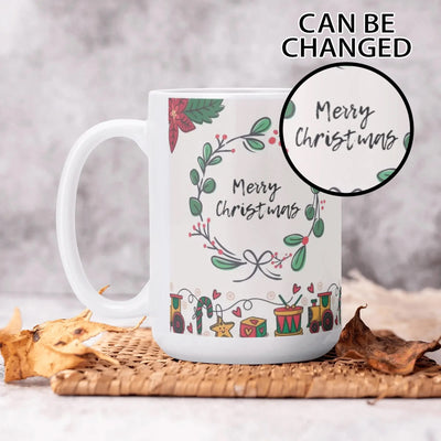 Christmas Coffee Mug 15 oz - Festive Wreath Design with Zoomed Merry Christmas Text | Our Phoenix Rise