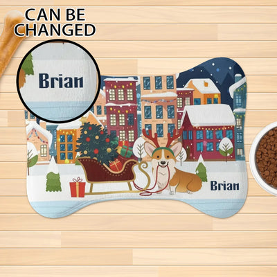 Personalized Christmas Corgi Dog Feeding Mat - Snowy Village Scene | Our Phoenix Rise