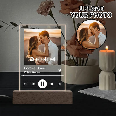 Personalized Music Player Acrylic Plaque - Custom couple photo, song title, and artist on illuminated LED base in romantic se | Our Phoenix Rise