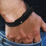 Personalized Engraved Black Leather Bracelet - flat lay showing exterior and interior | Our Phoenix Rise