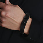 Personalized Engraved Black Leather Bracelet - exterior strap detail | Our Phoenix Rise
