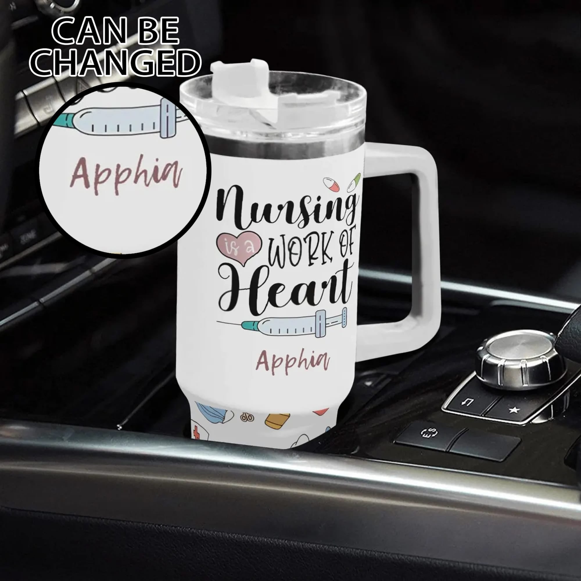 Personalized 40oz Stainless Steel Tumbler Gift With White Handle and Straw