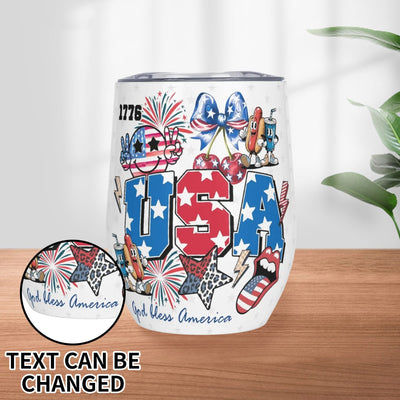 Personalized Patriotic 12oz Insulated Wine Tumbler - Full design view with 'USA' and fireworks | Our Phoenix Rise