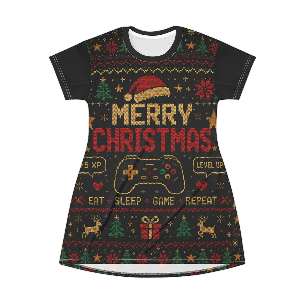 Merry Christmas Gamer T-Shirt Dress – Eat Sleep Game Repeat Holiday Dress